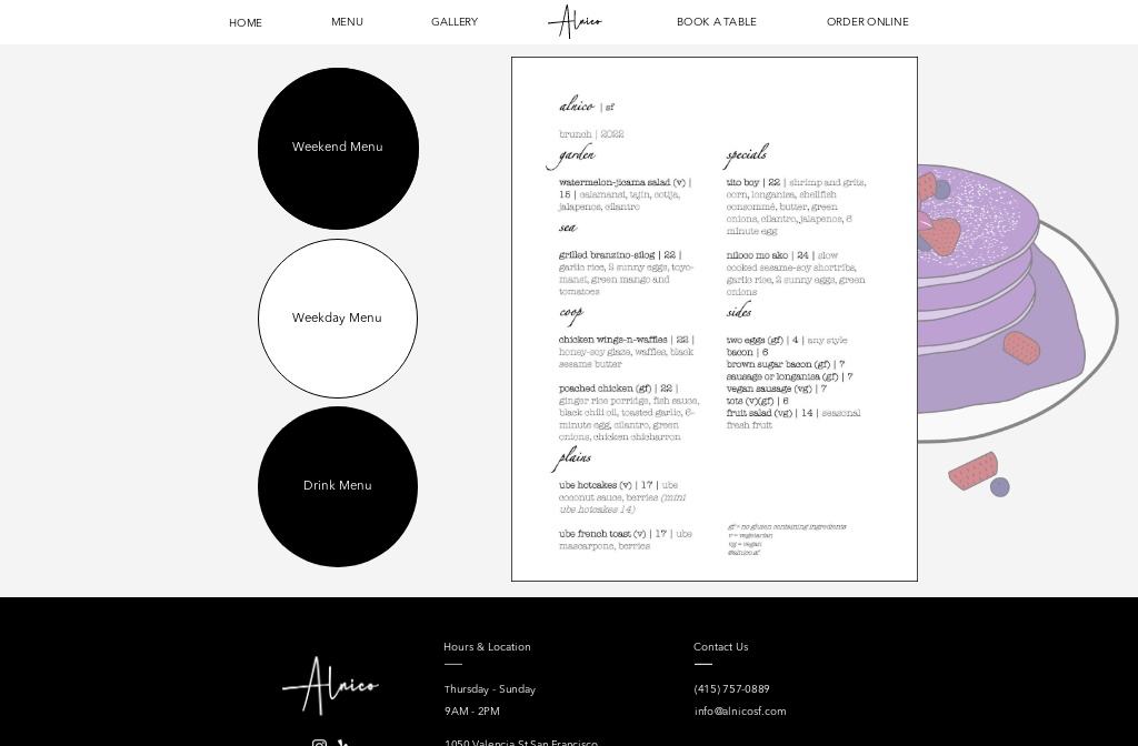 Alnico SF — Weekday Menu