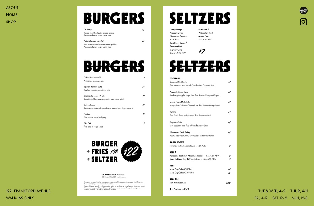 Two Robbers Fishtown — MENU